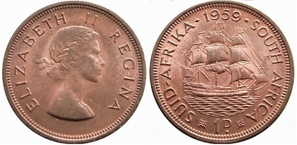 Coin 1 penny Elizabeth II 1953 1960 of South Africa Updated