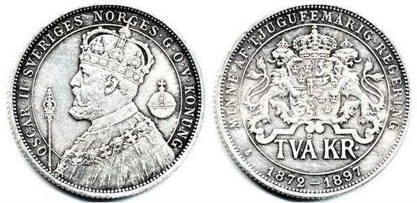 2 kronor (25th Anniversary of the Coronation of King Oscar II)