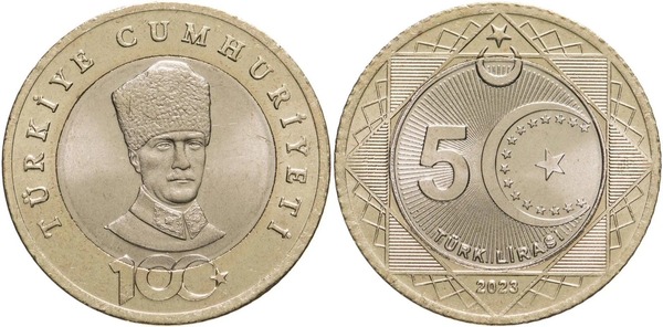 5 lira (100th Anniversary of the Republic of Turkey)